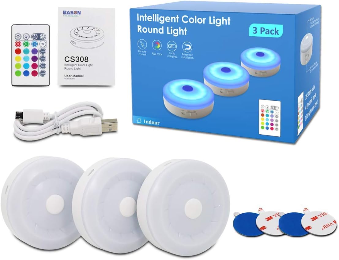RGB Wireless Rechargeable Puck Lights 3 Pack W28079