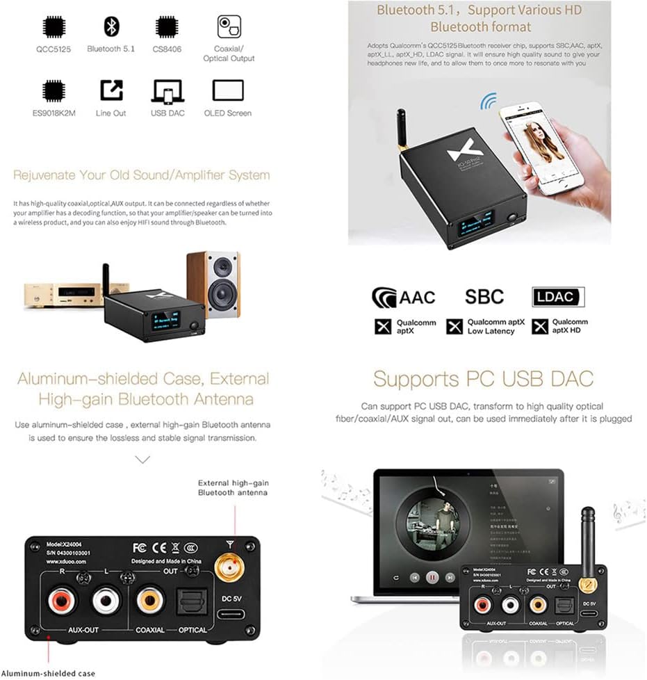 Bluetooth Audio Receiver Converter with Optical Coaxial AUX Output OLED Display R614
