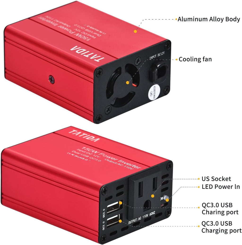 150W Car Power Inverter Dual QC3.0 USB DC 12V to 110V AC Pack of 2 F162