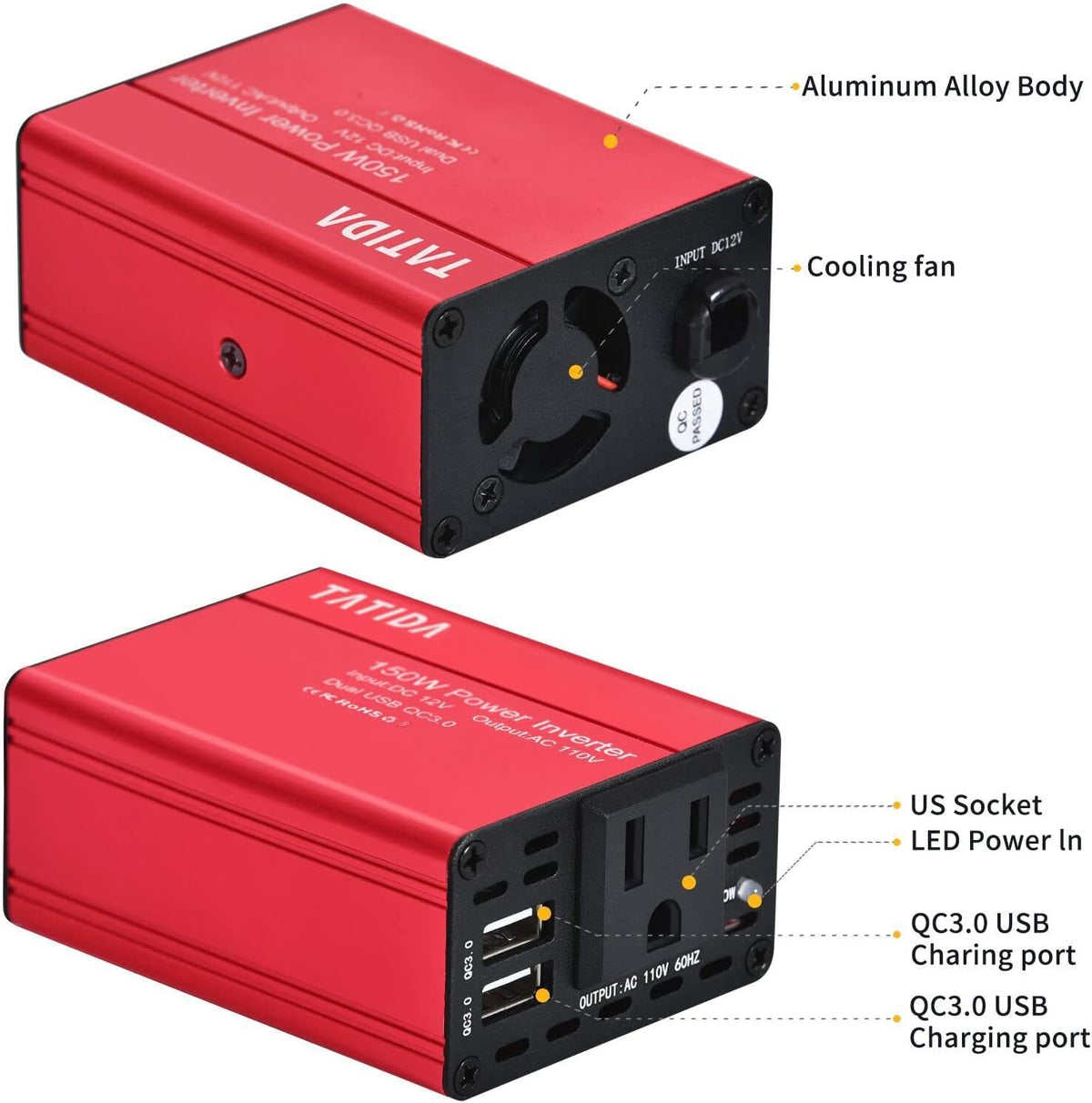 150W Car Power Inverter Dual QC3.0 USB DC 12V to 110V AC Pack of 2 F162