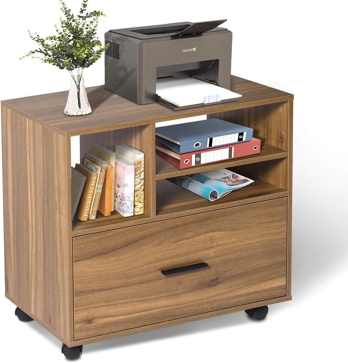 2 Drawer Wood File Cabinet with Shelves and Wheels H868