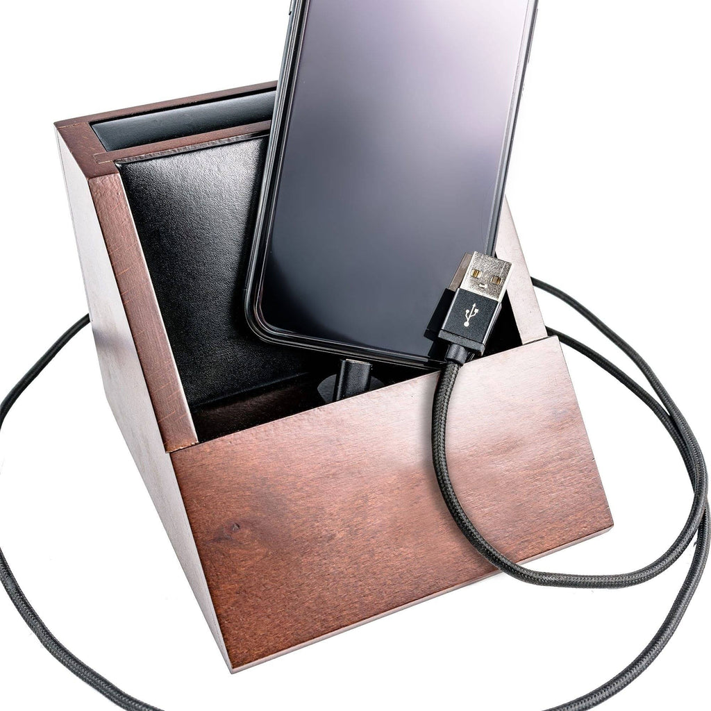 Walnut and Leather Desktop Cell Phone Holder W22688