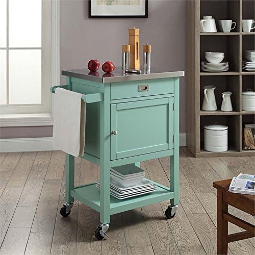 Stainless Steel Top Pine Wood Rolling Kitchen Island Cart with Drawer and Shelf R247
