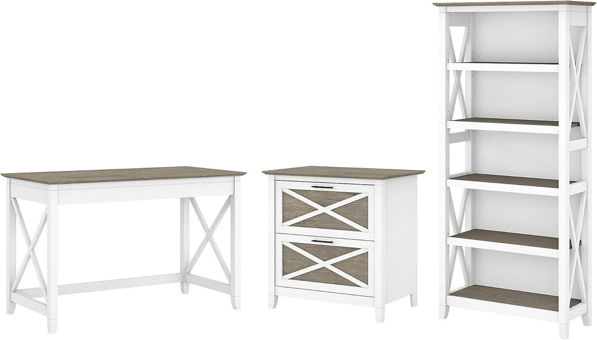 Reclaimed Pine Writing Desk with File Cabinet and Bookcase F278307