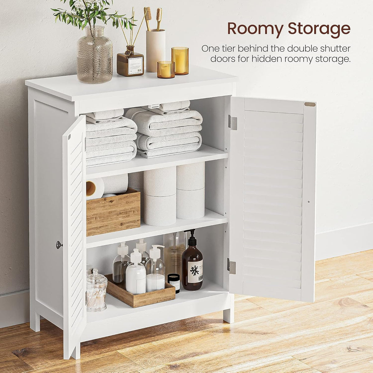 White Bathroom Storage Cabinet with Double Shutter Doors and Adjustable Shelf Q721020