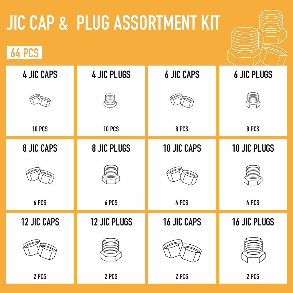 64 Piece JIC 37° Flare Cap and Plug Kit Galvanized Steel Fitting Set Q17085