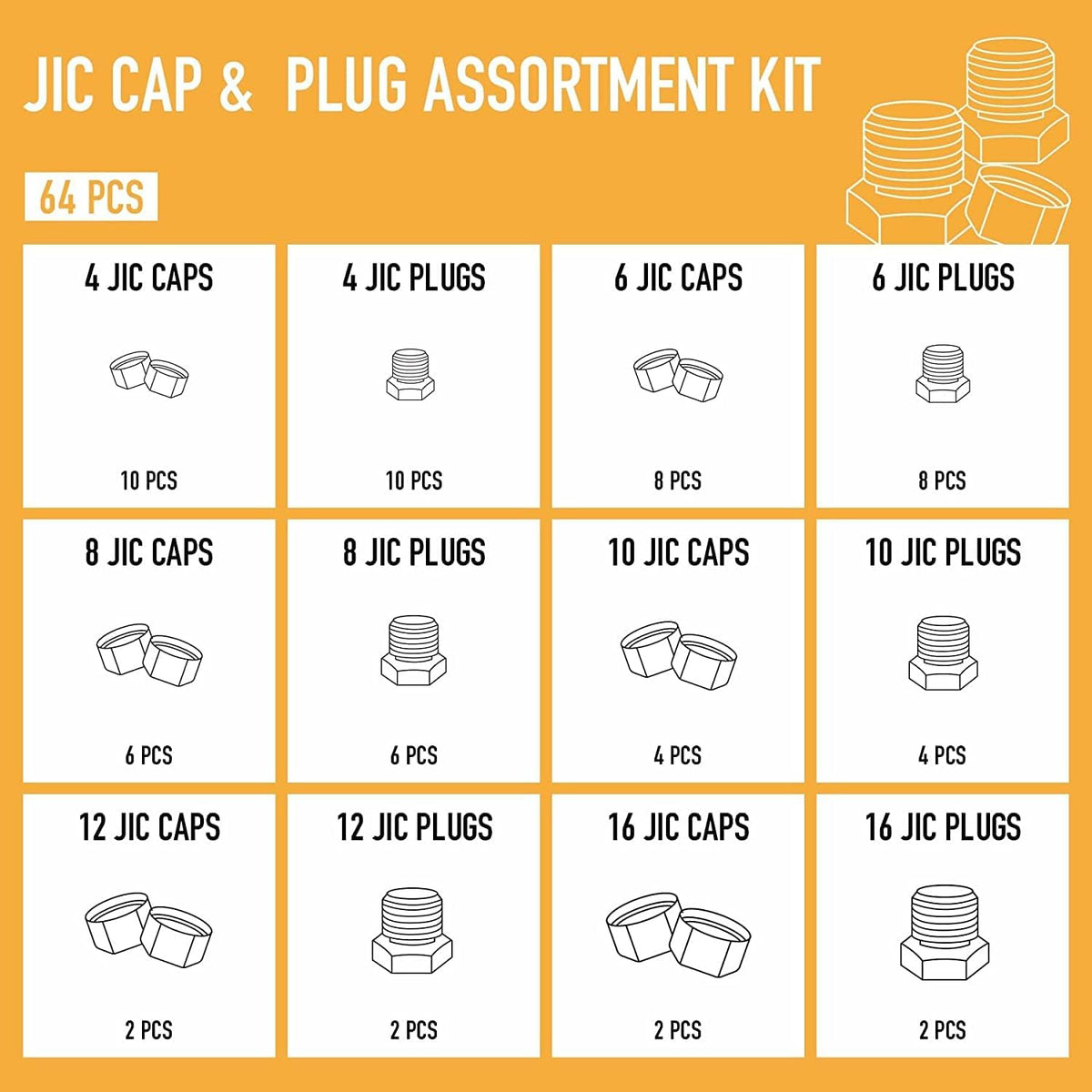 64 Piece JIC 37° Flare Cap and Plug Kit Galvanized Steel Fitting Set Q17085