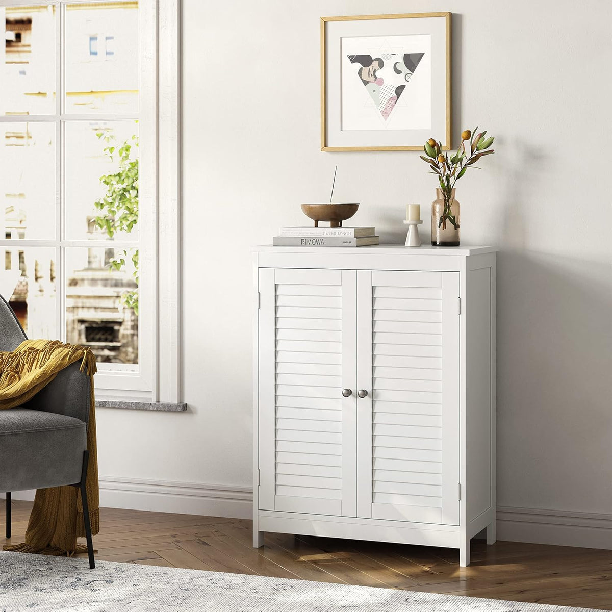 White Bathroom Storage Cabinet with Double Shutter Doors and Adjustable Shelf Q721020