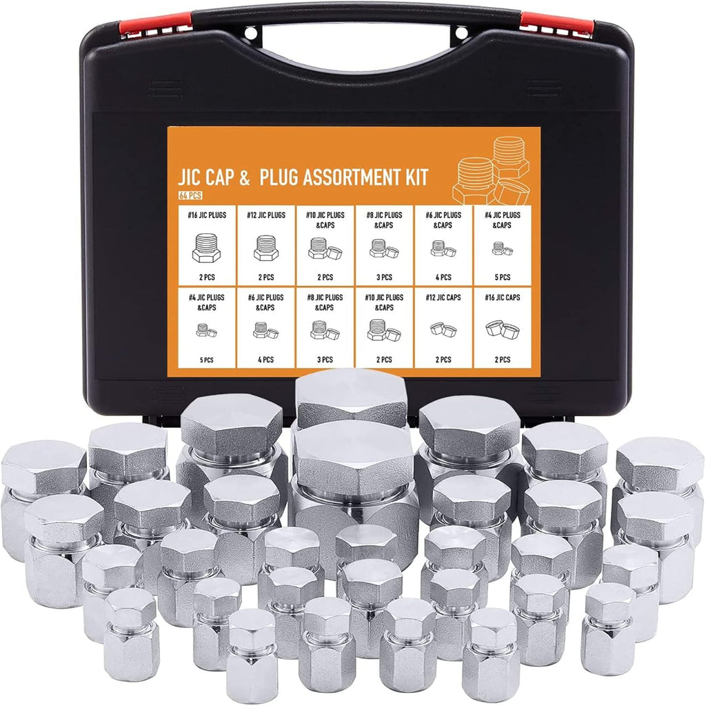 64 Piece JIC 37° Flare Cap and Plug Kit Galvanized Steel Fitting Set Q17085
