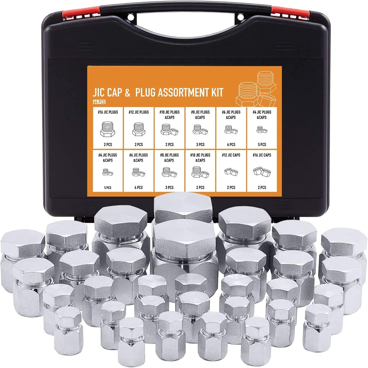 64 Piece JIC 37° Flare Cap and Plug Kit Galvanized Steel Fitting Set Q17085