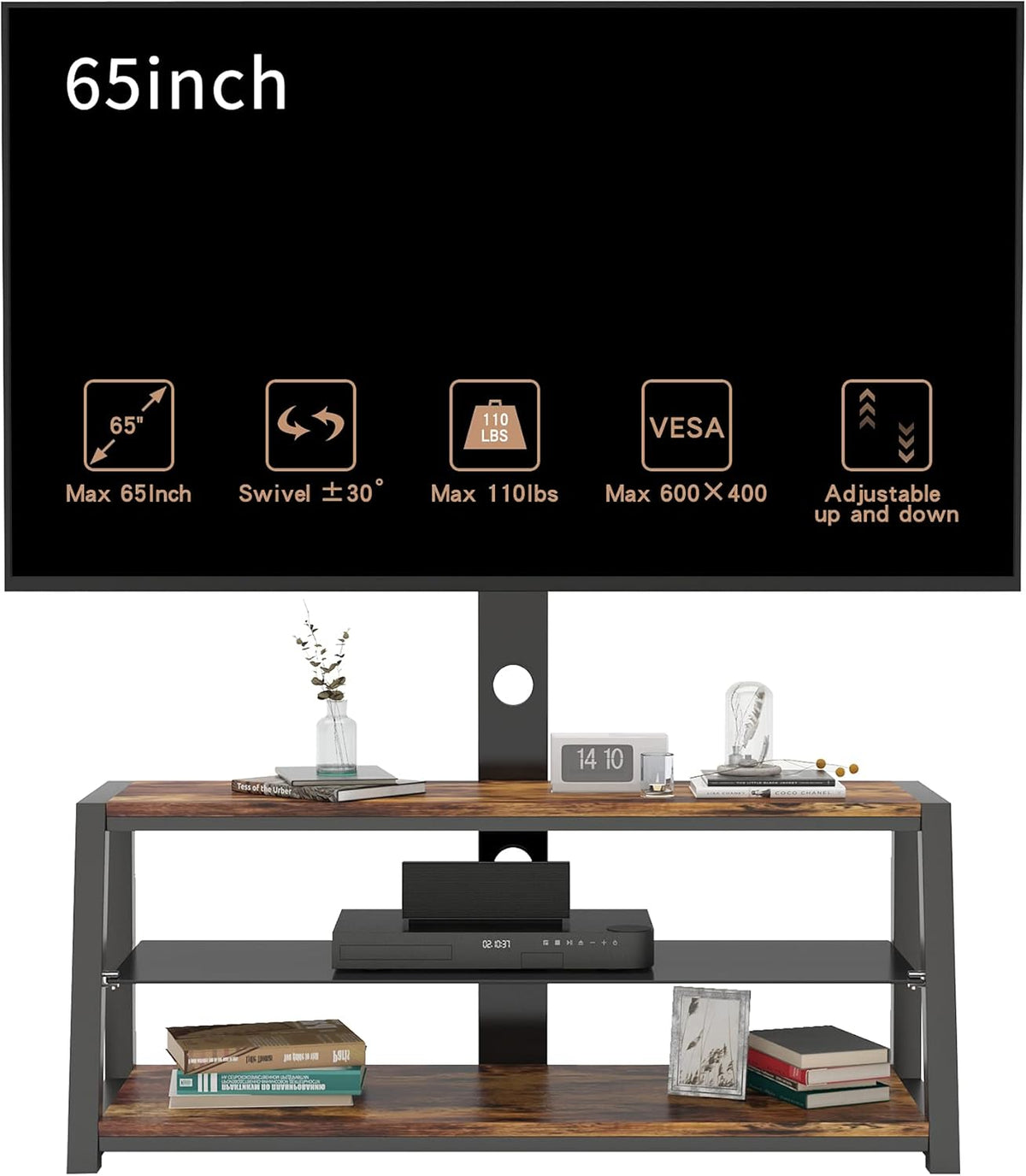 Angle and Height Adjustable Swivel TV Stand with Shelves R82929