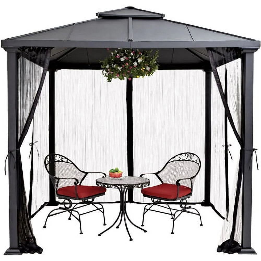 8' x 8' Steel Hard Top Gazebo with Netting, Black W9093