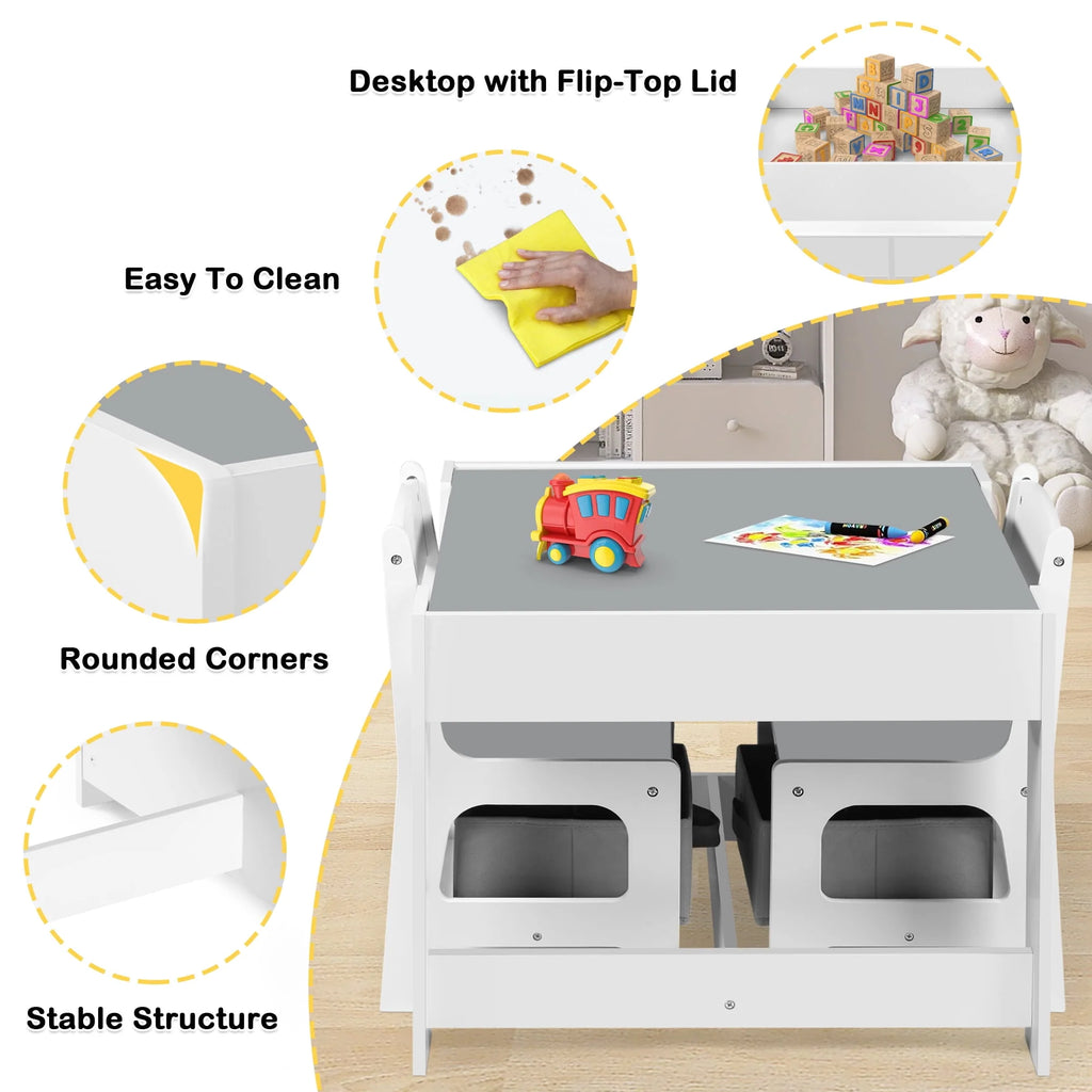 3 in 1 Kids Wood Table & 2 Chairs Set Grey Q352