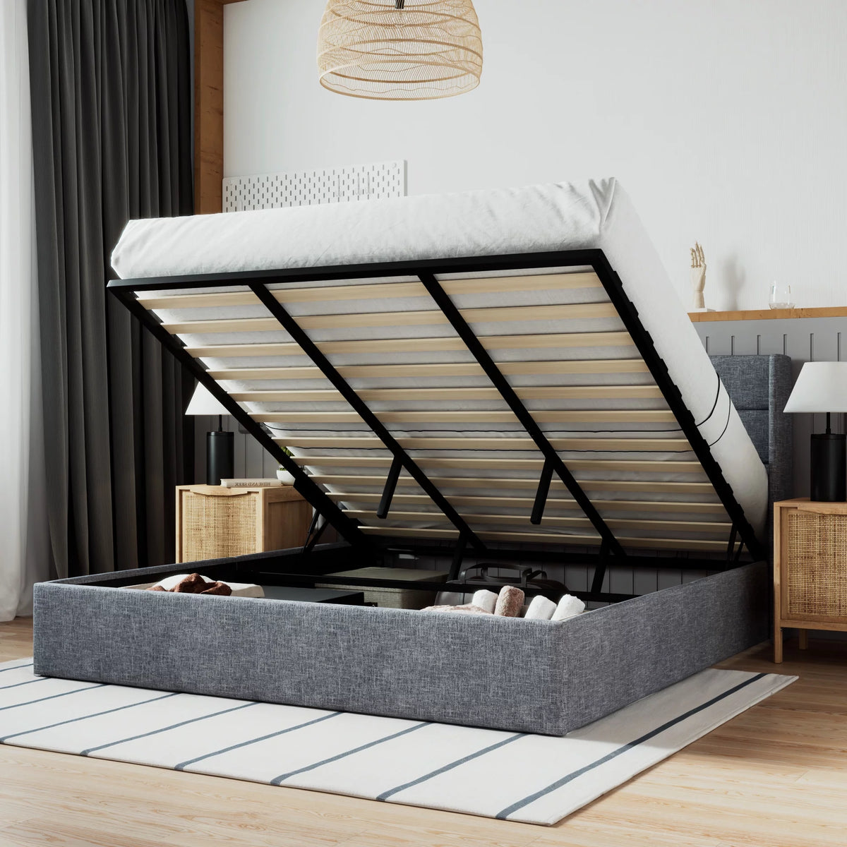 Grey King Size Lift Up Platform Bed Frame with Storage M55578