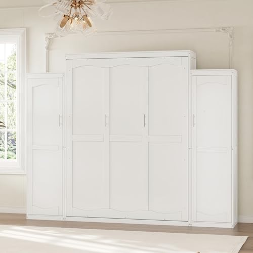 Queen Murphy Bed with 2 Wardrobes and Storage Shelf White Z70358