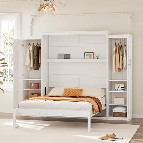 Queen Murphy Bed with 2 Wardrobes and Storage Shelf White Z70358