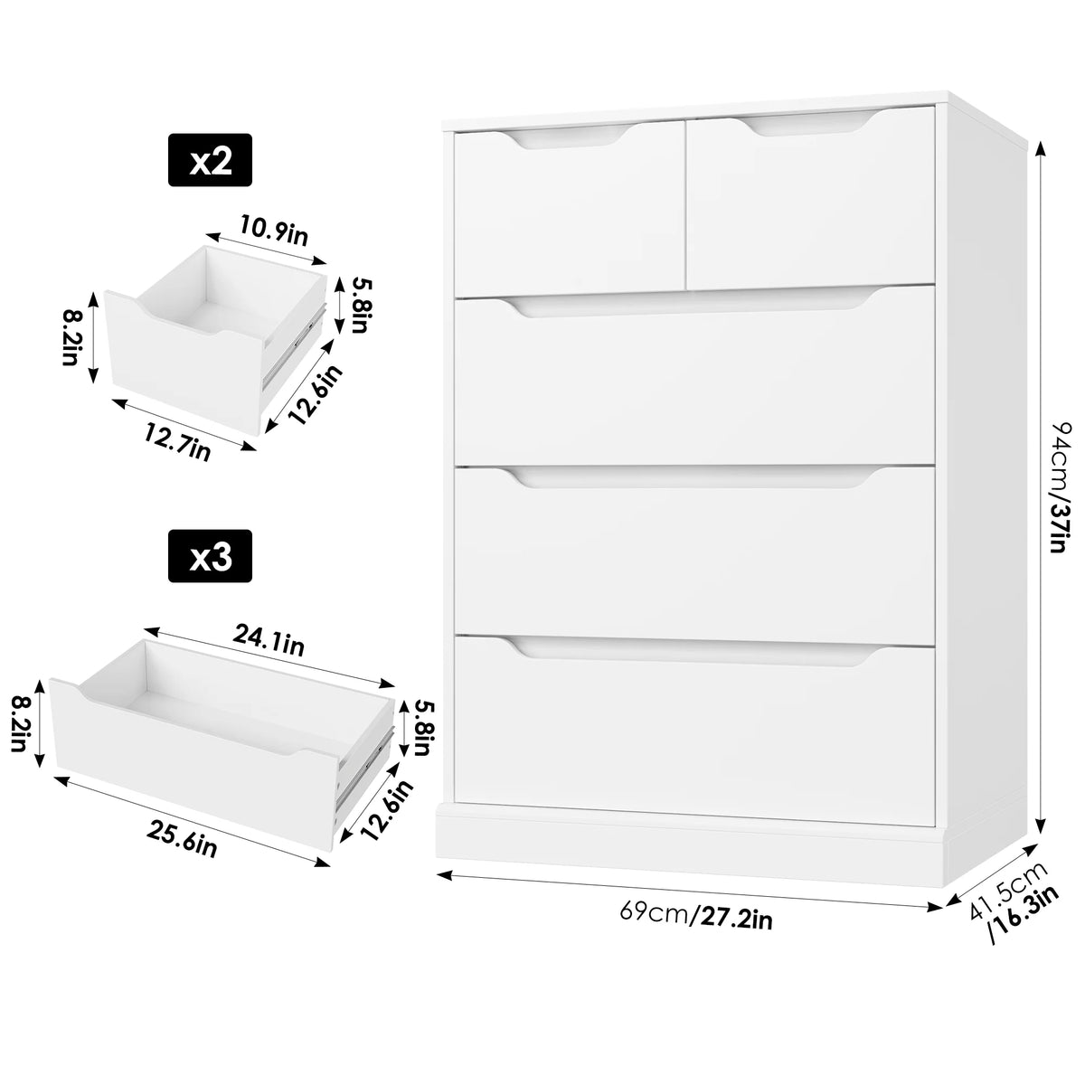 White 5 Drawer Wood Dresser U5753