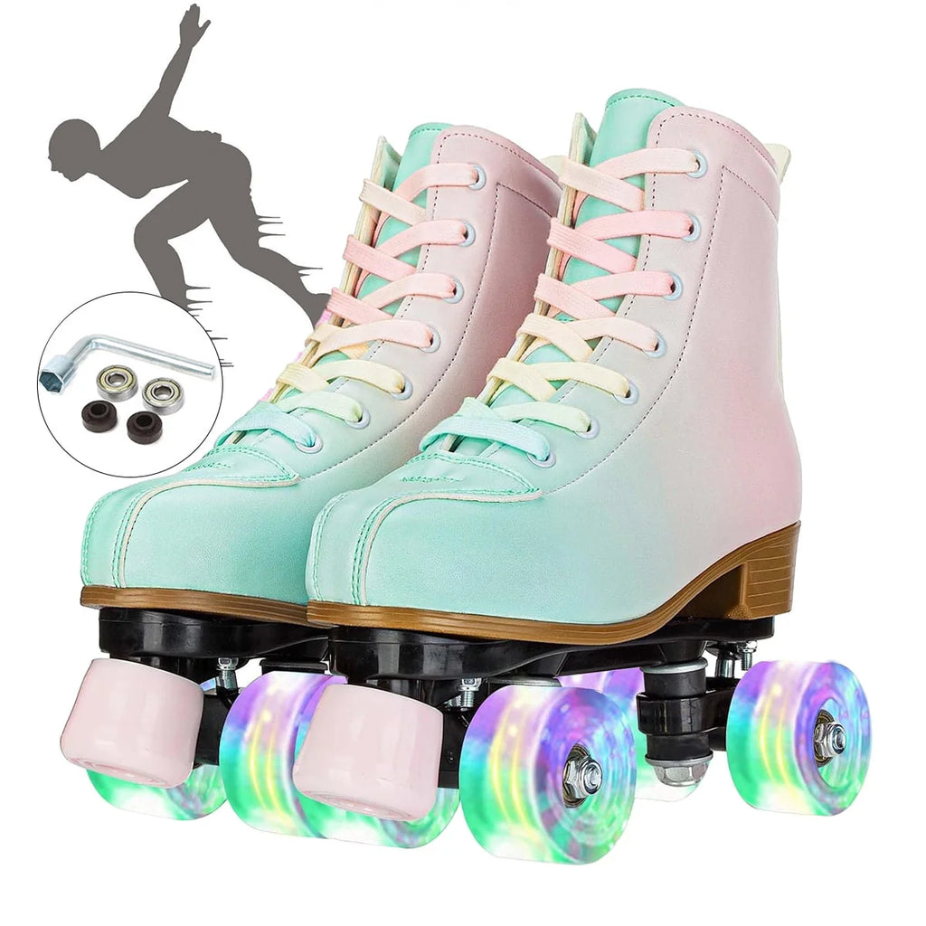 Flashing Wheels Leather Double-Row Roller Skates B58527