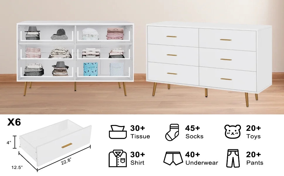 Wood 6 Drawer Dresser with Metal Handles C9261
