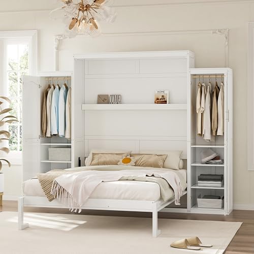 Queen Murphy Bed with 2 Wardrobes and Storage Shelf White Z70358