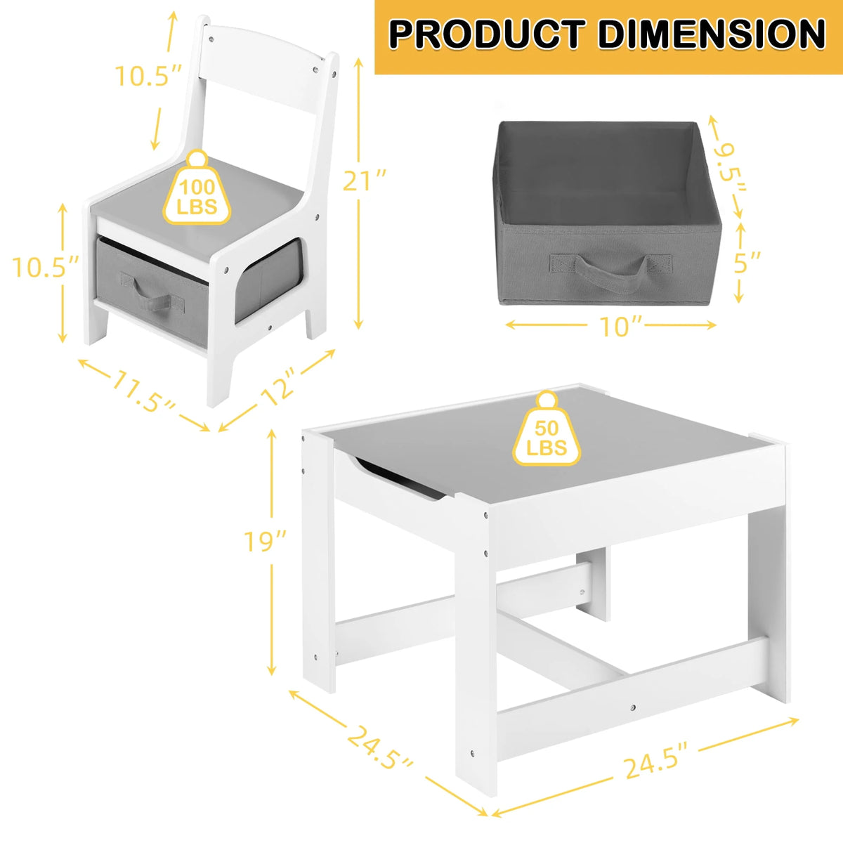 3 in 1 Kids Wood Table & 2 Chairs Set Grey Q352