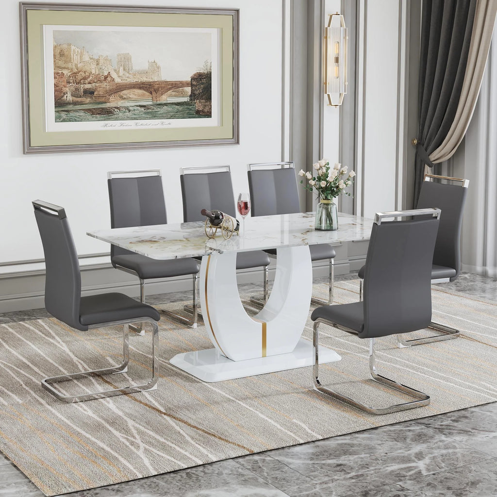 Grey 7 Piece Faux Marble Dining Table Set E502452