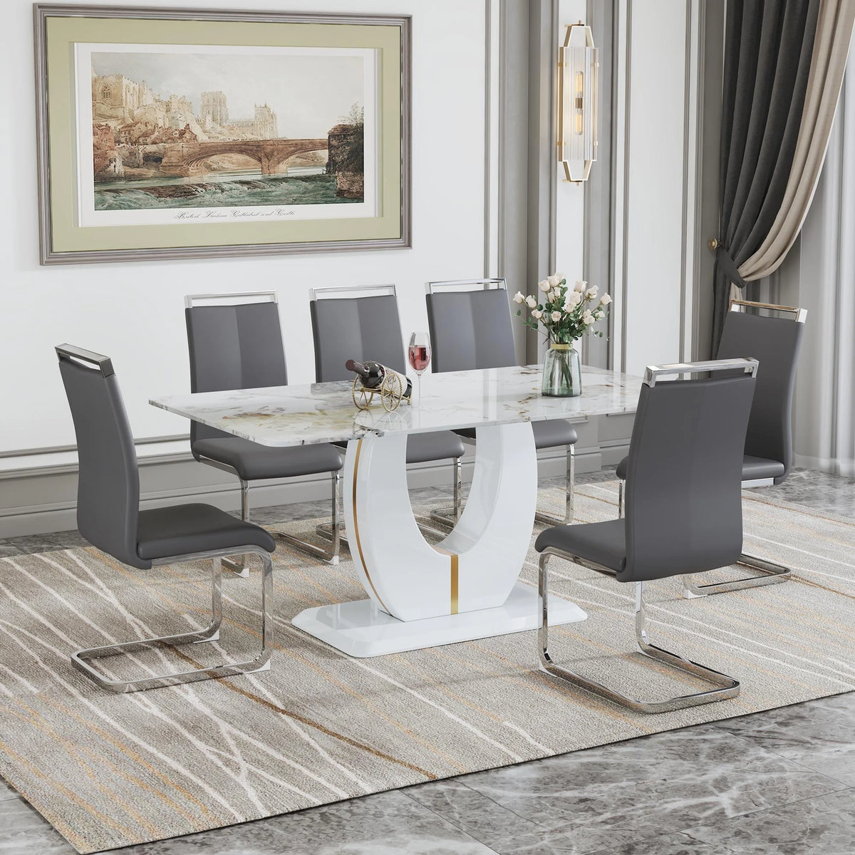 Grey 7 Piece Faux Marble Dining Table Set E502452