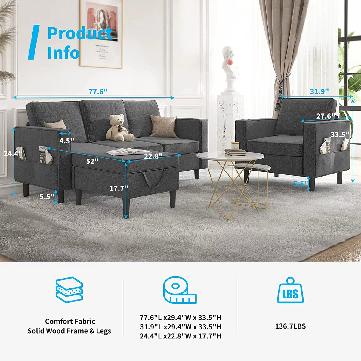 Dark Gray Convertible Sectional Sofa with Storage Ottoman N308862