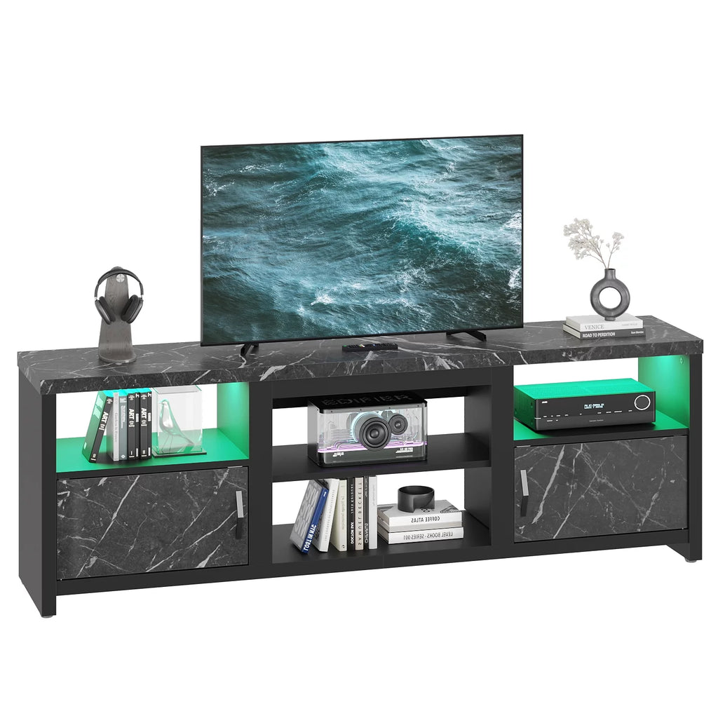 70 LED TV Stand with Cabinet & Open Shelves, Black Marble N87305