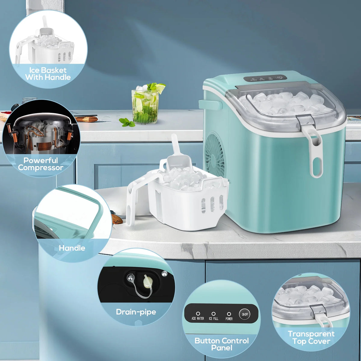 Portable Countertop Ice Maker with Handle, 26Lbs/24H, Black Y1865