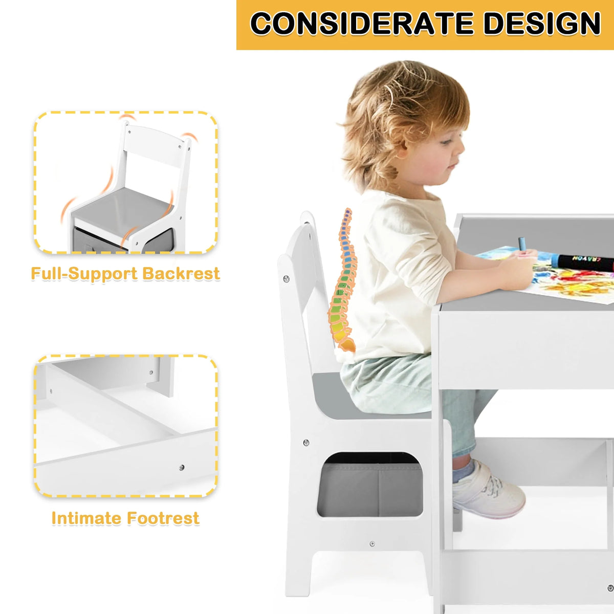 3 in 1 Kids Wood Table & 2 Chairs Set Grey Q352