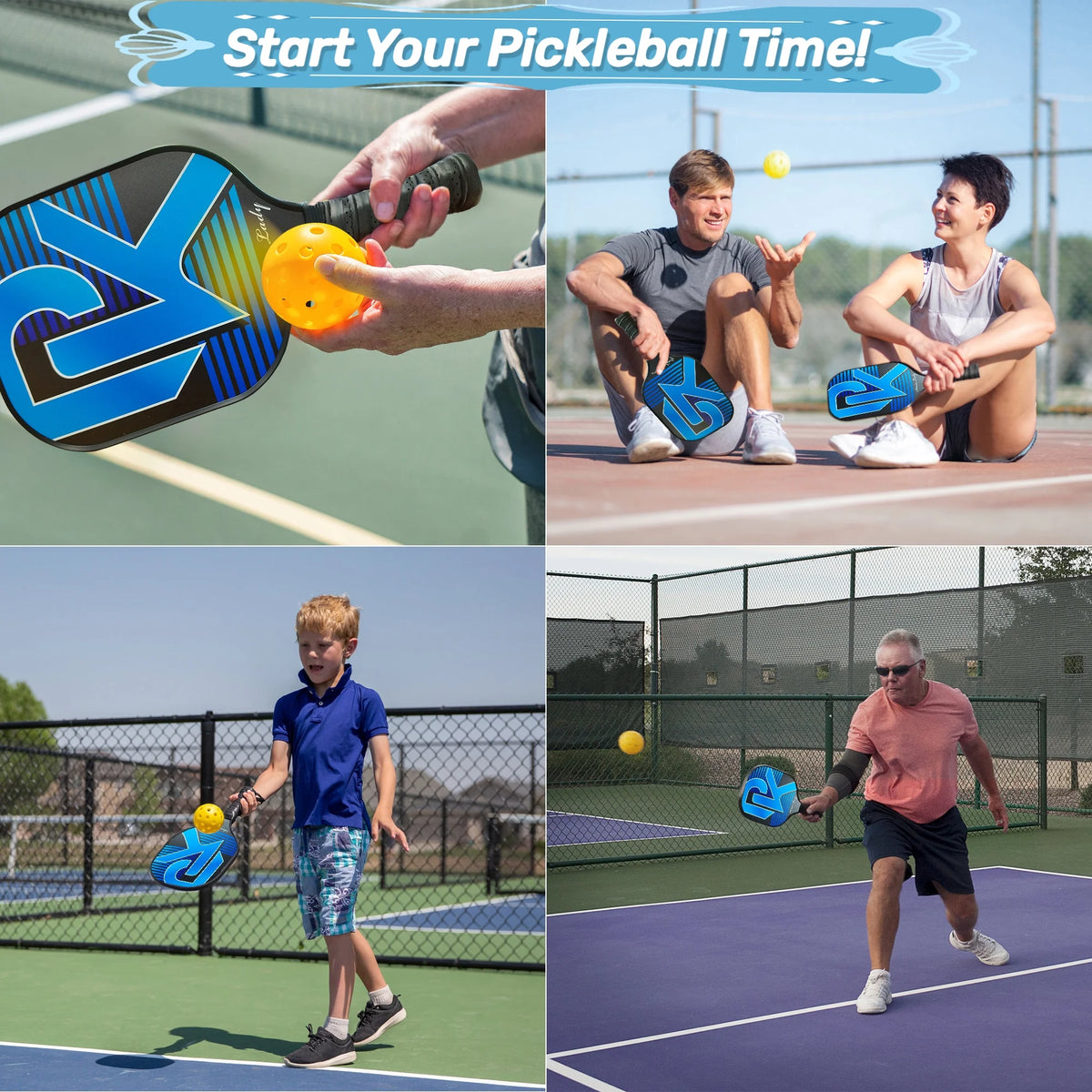 Pickleball Paddles Graphite Fiber Set with 4 Balls and Backpack K945