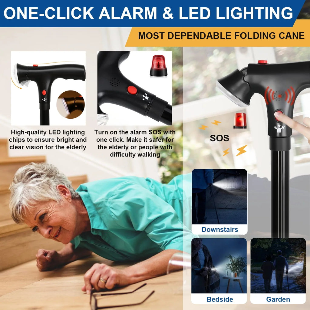 Folding Walking Canes with LED Flashlight and Fall Alarm N369