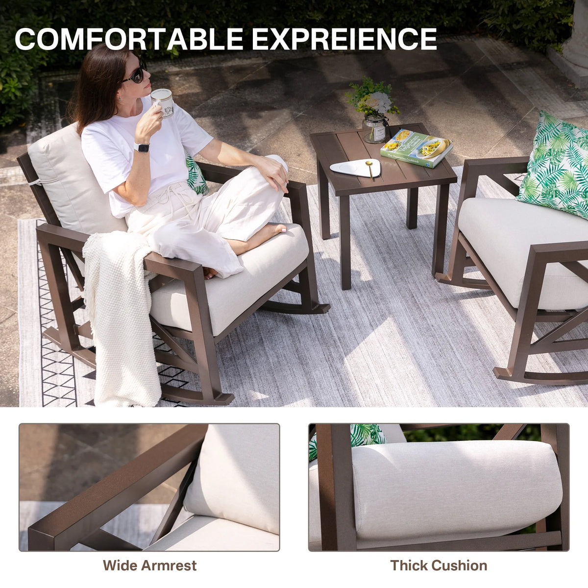 3 Piece Outdoor Rocking Bistro Set with 2 Rockers and 1 Metal Coffee Table P56551
