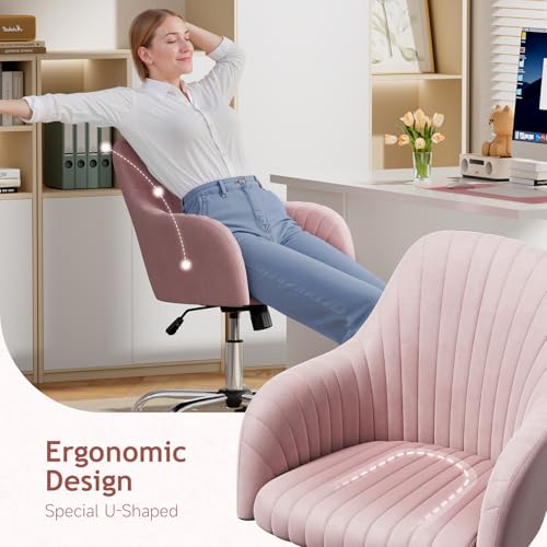 Pink Velvet Upholstered Swivel Office Chair with Arms Q6514
