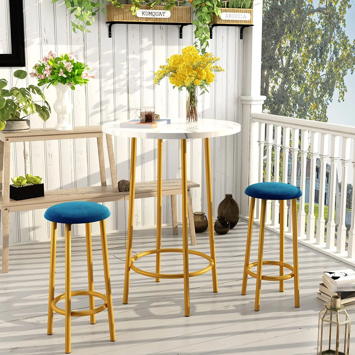 3 Pieces Round Faux Marble Bar Table and Chairs Set W501