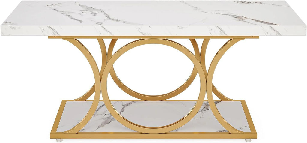 2-Tier Faux Marble Wood Coffee Table with Storage Shelf W84570