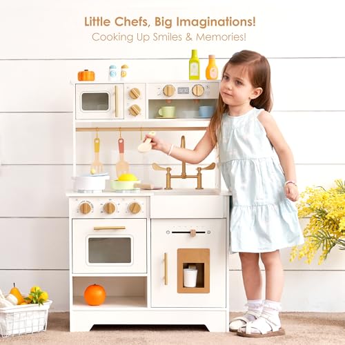 White Wooden Play Kitchen Set with Sink, Stove, Oven & Microwave M358