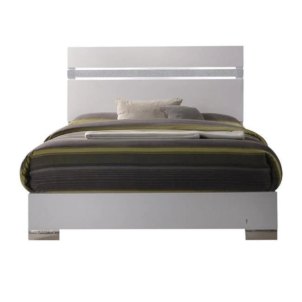 White Queen Size Wooden Bed with Crystal Accented Headboard E21977