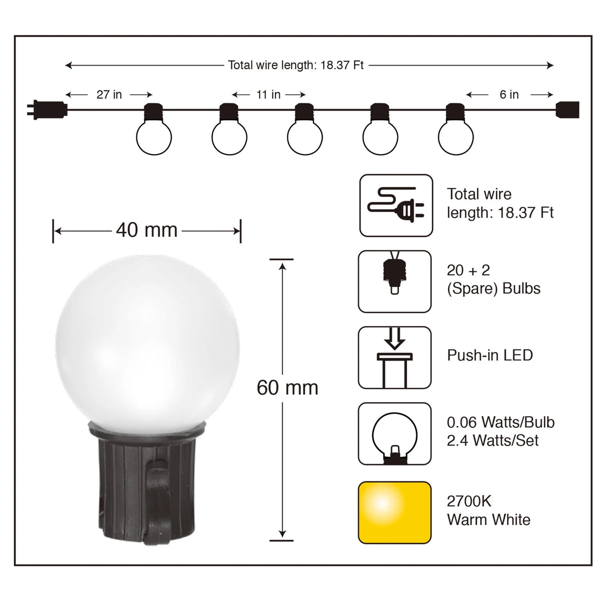 20-Count LED Frosted Globe Outdoor String Lights Y316