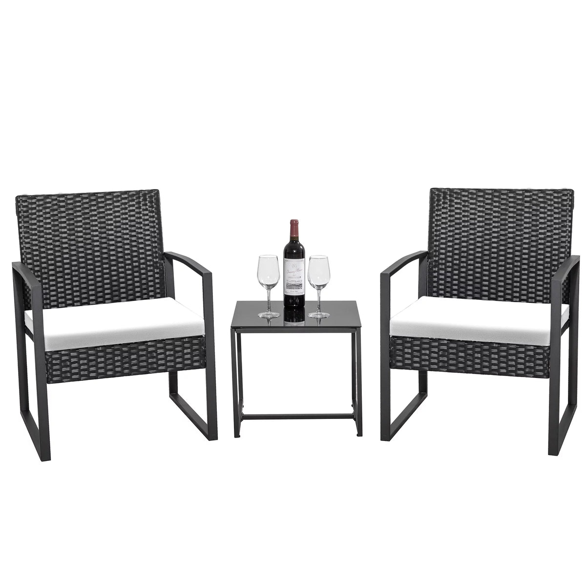 Black 3-Piece Wicker Bistro Chair Set with Coffee Table Y186