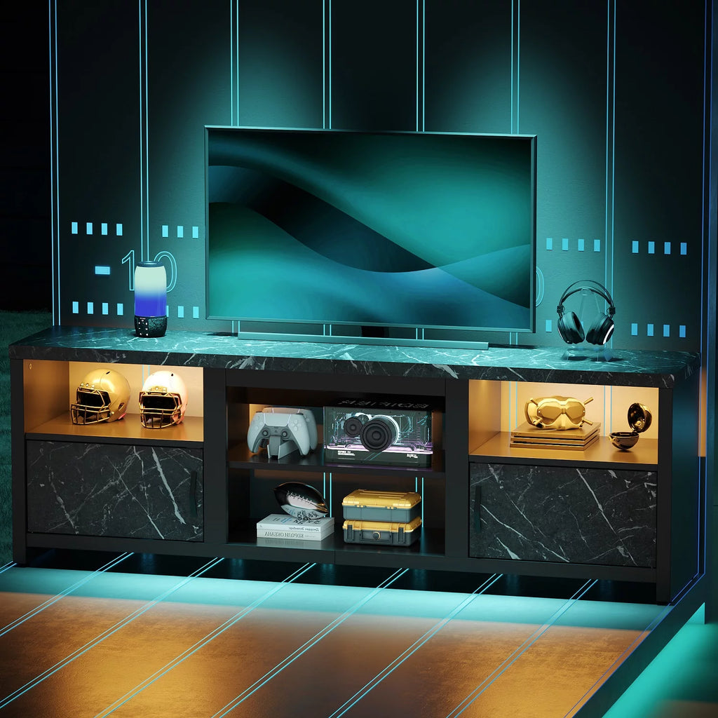 70 LED TV Stand with Cabinet & Open Shelves, Black Marble N87305