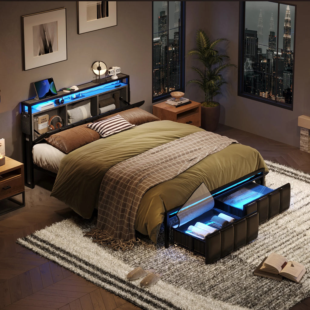 Queen Size Platform Bed Frame with Storage Headboard and 2 Drawers I62518