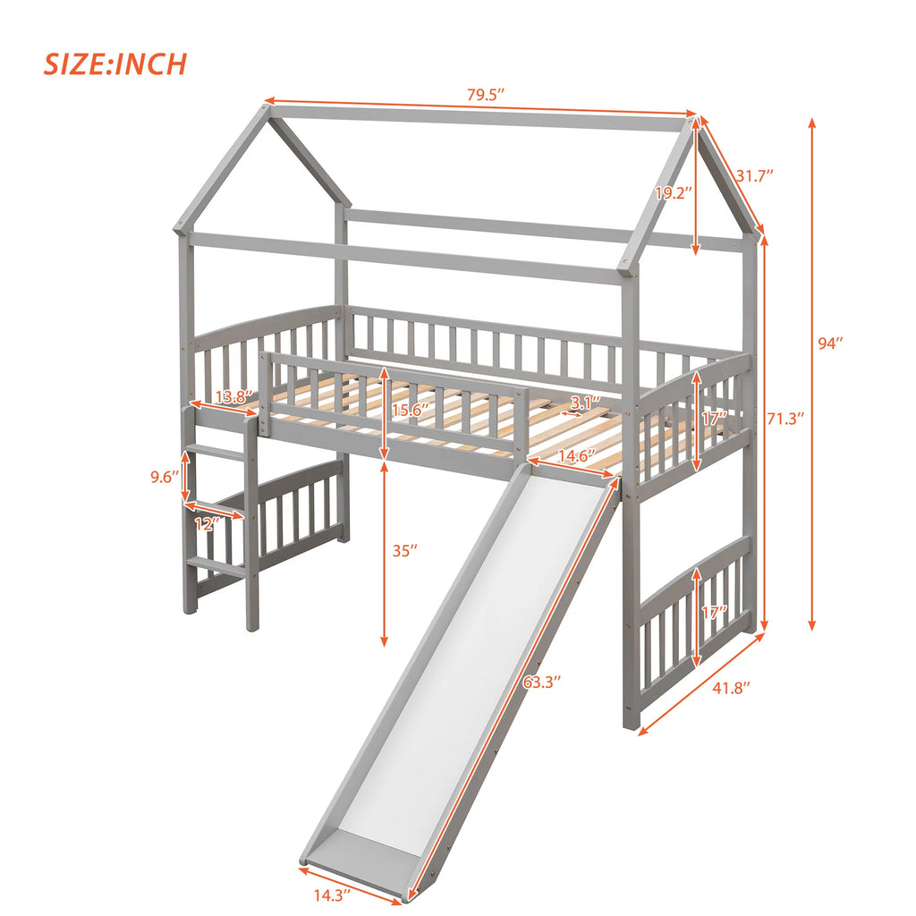 Gray Twin Wood Loft Bed with Slide and Ladder D7418