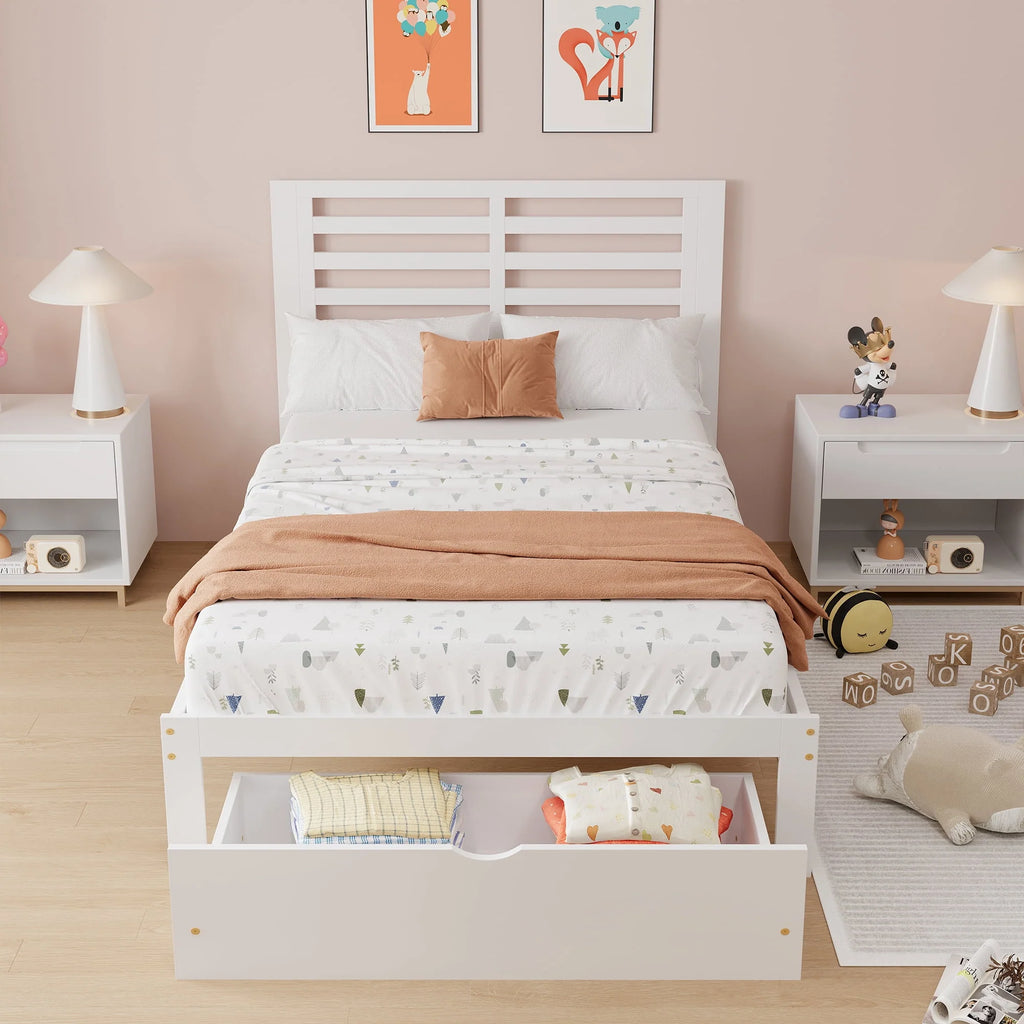 Gray Pine Wood Full Size Platform Bed Frame with Headboard and Drawers T7985