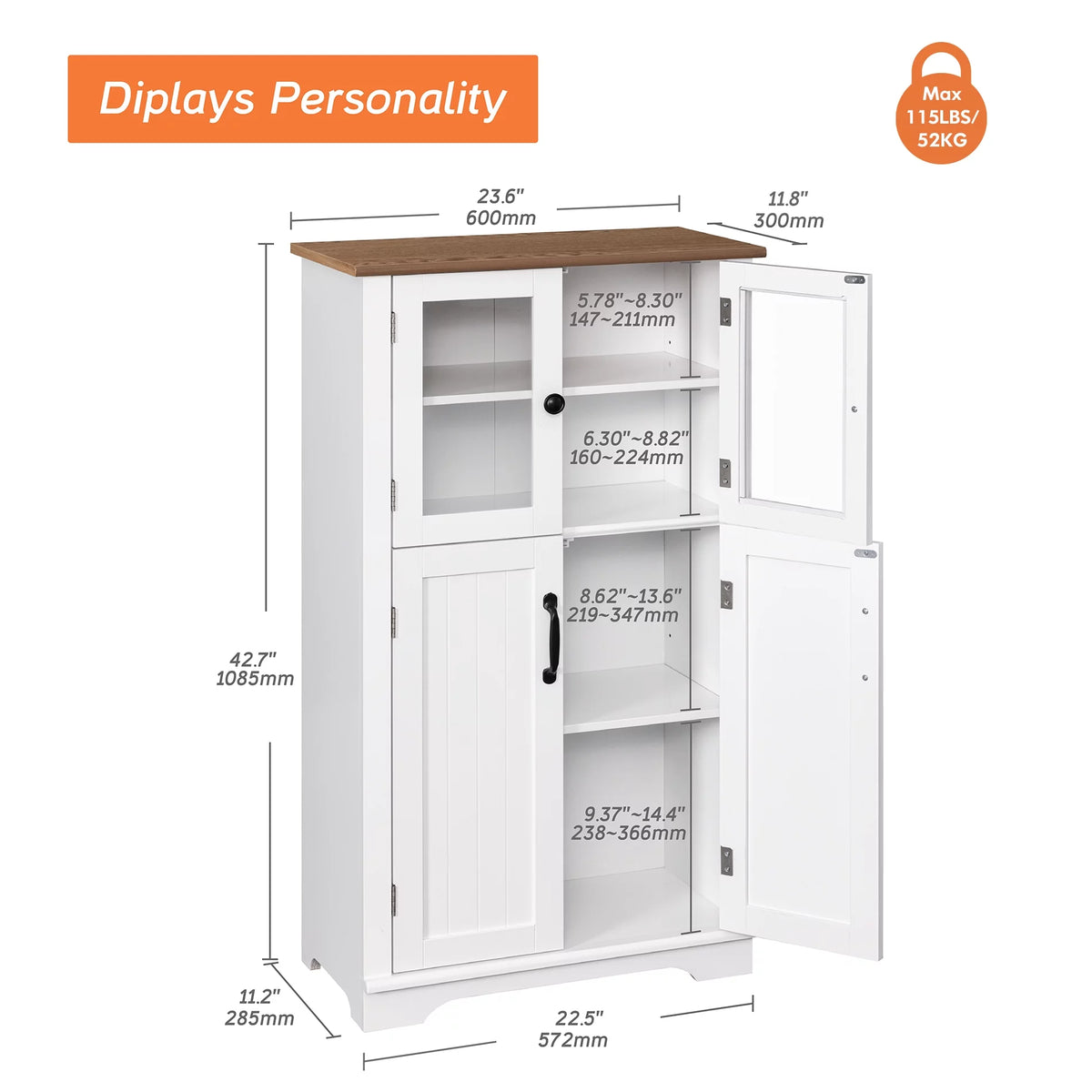White Wood Bathroom Cabinet with Glass Doors and Adjustable Shelves S64161