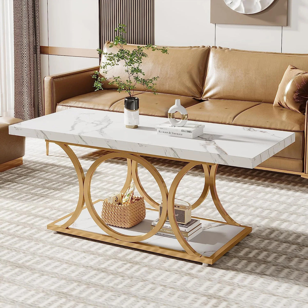 2-Tier Faux Marble Wood Coffee Table with Storage Shelf W84570