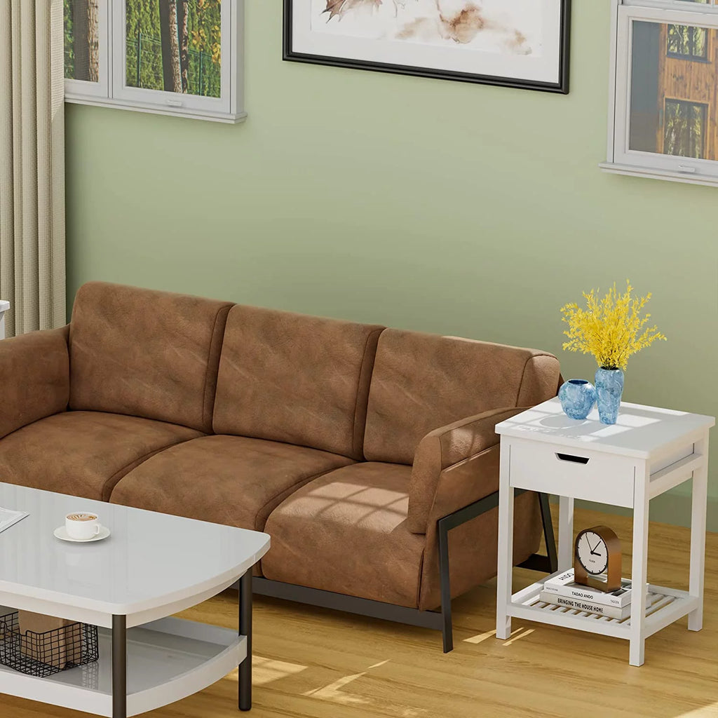 White Bamboo Nightstand with Drawer and Open Shelf H76431