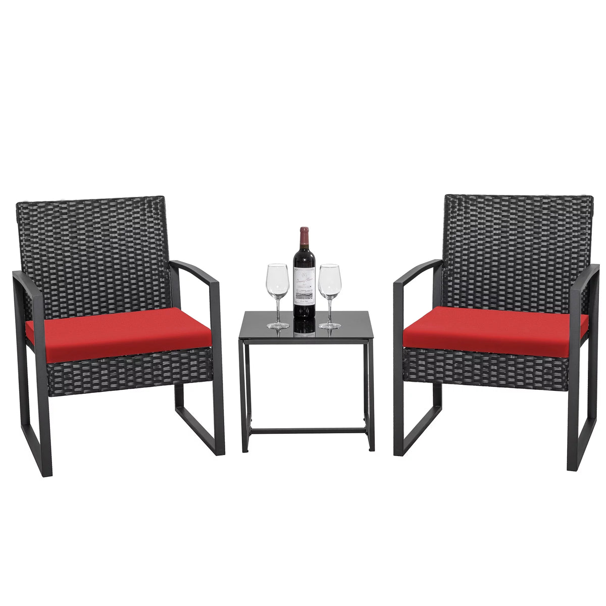 Black 3-Piece Wicker Bistro Chair Set with Coffee Table Y186
