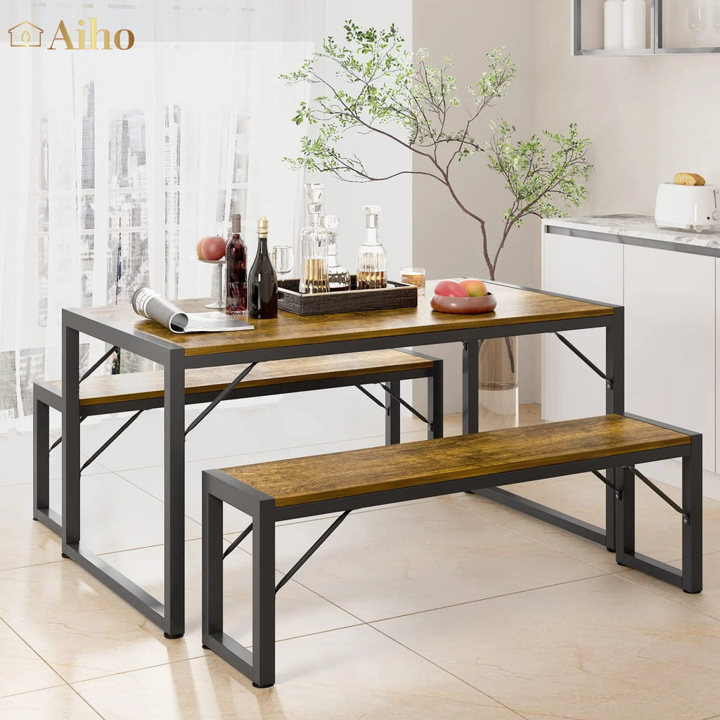Gray Dining Table Set for 4 with 2 Benches D70739